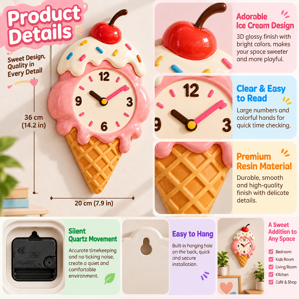 Nuvqarelisse Pink Ice Cream Cone Wall Clock, view 3